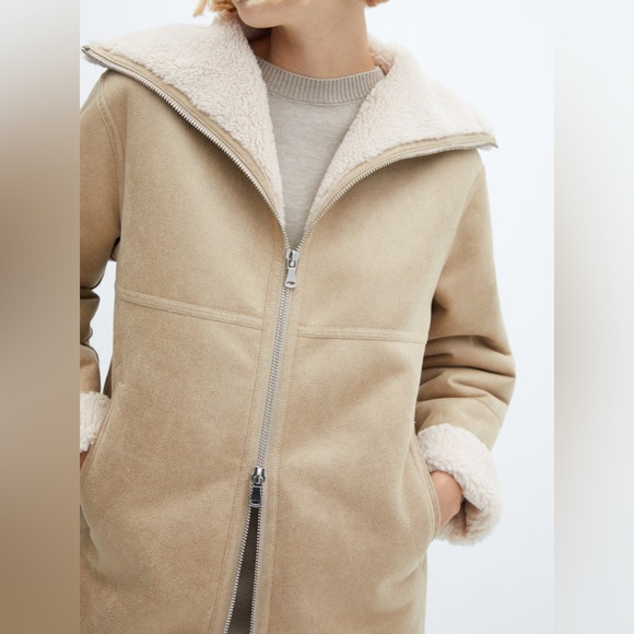 NWOT! MANGO Faux Shearling Zipper oversized turtleneck Coat Small Cream/Beige - Picture 2 of 8